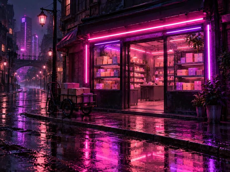 Neon illustration of an online shop front with parcels ready to ship