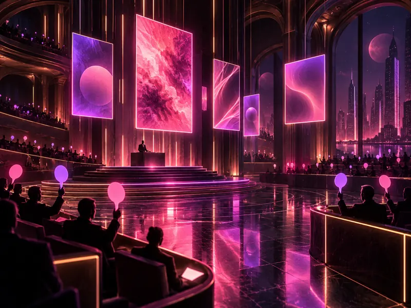 Neon illustration of a digital auction floor with glowing bid panels