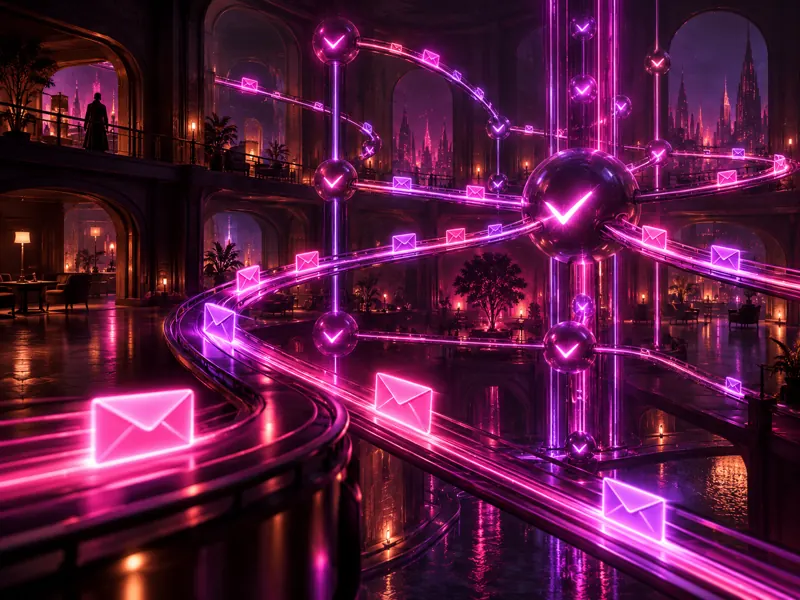 Neon illustration of approval paths and messages flowing between connected nodes